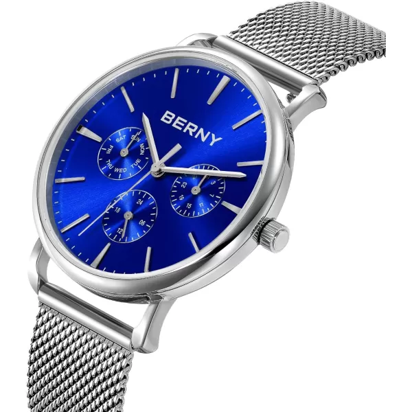 BERNY Quartz Watch for Men Miyota 6P29 Movement Male Fashion Wirstwatch Waterproof Mens Cusual Watch Multifunction Dials Quick Release Stainless Steel Mesh BandBlue