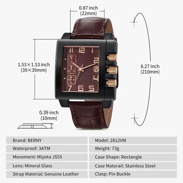 BERNY Rectangle Watch for Men Miyota JS55 Movement Personalized Tank Wristwatch with Three SubDia Male Fashion Business Casual Watch 3ATM Waterproof Leather StrapBrown