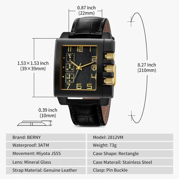 BERNY Rectangle Watch for Men Miyota JS55 Movement Personalized Tank Wristwatch with Three SubDia Male Fashion Business Casual Watch 3ATM Waterproof Leather StrapAll Black