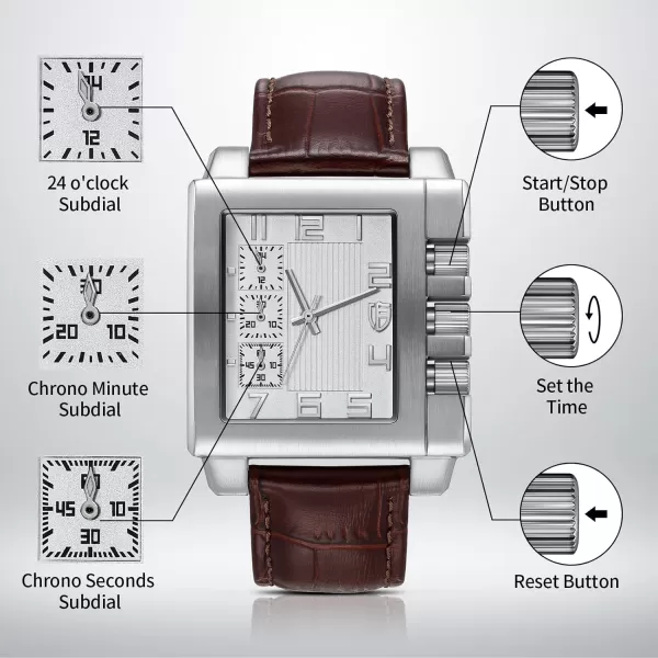 BERNY Rectangle Watch for Men Miyota JS55 Movement Personalized Tank Wristwatch with Three SubDia Male Fashion Business Casual Watch 3ATM Waterproof Leather StrapWhite