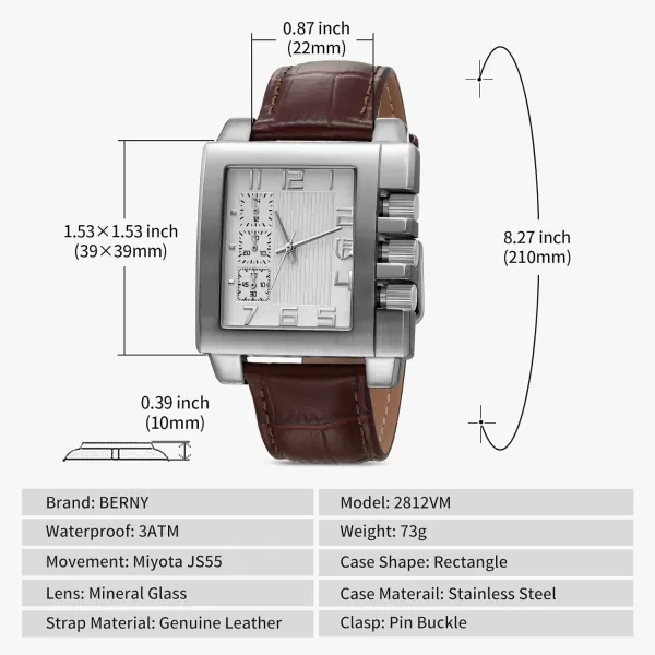 BERNY Rectangle Watch for Men Miyota JS55 Movement Personalized Tank Wristwatch with Three SubDia Male Fashion Business Casual Watch 3ATM Waterproof Leather StrapWhite