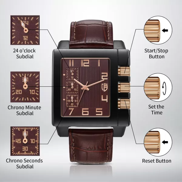 BERNY Rectangle Watch for Men Miyota JS55 Movement Personalized Tank Wristwatch with Three SubDia Male Fashion Business Casual Watch 3ATM Waterproof Leather StrapBrown