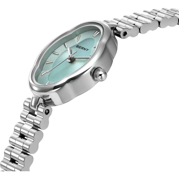 BERNY Silver Watches for Women Dainty Ladies Wristwatch Vintage Copper Mirrors Shape Japanese Quartz Movement 3ATM Waterproof All Stainless Steel Fashion Female Wrist Watch Birthday GiftsBlue