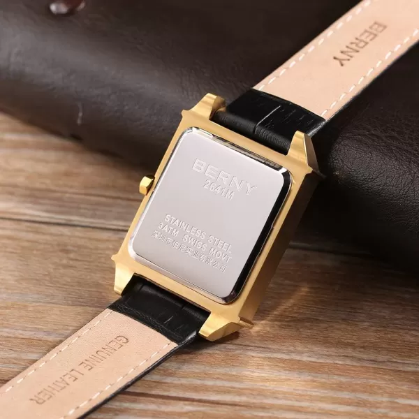 BERNY Square Watches for Men Quartz Watch Rectangular Calendar Leather Strap WatchGold