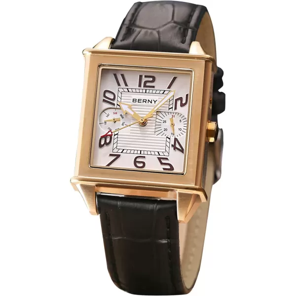 BERNY Square Watches for Men Quartz Watch Rectangular Calendar Leather Strap WatchGold