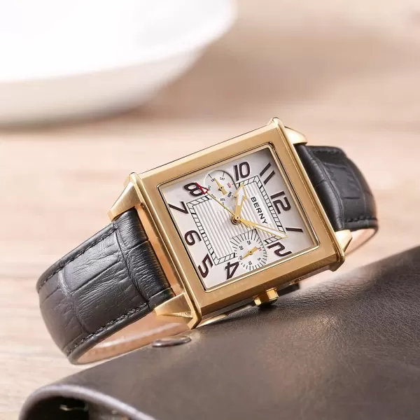 BERNY Square Watches for Men Quartz Watch Rectangular Calendar Leather Strap WatchGold