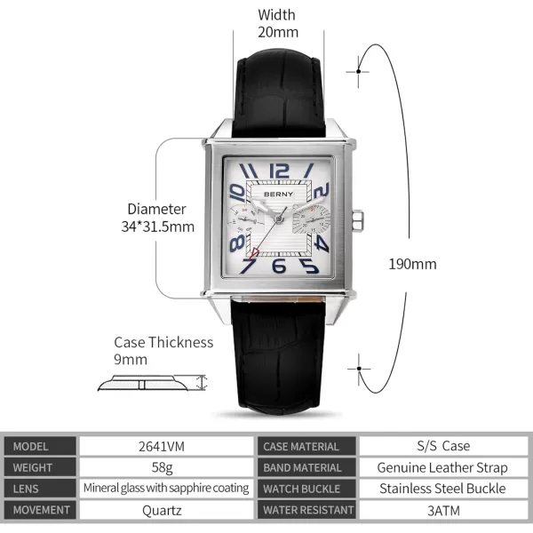 BERNY Square Watches for Men Quartz Watch Rectangular Calendar Leather Strap WatchSilver White