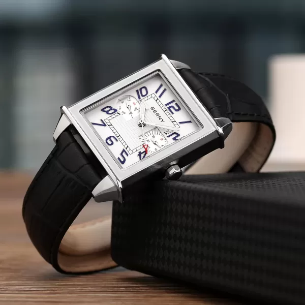 BERNY Square Watches for Men Quartz Watch Rectangular Calendar Leather Strap WatchSilver White