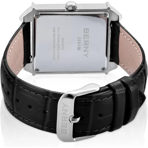 BERNY Square Watches for Men Quartz Watch Rectangular Calendar Leather Strap WatchSilver White