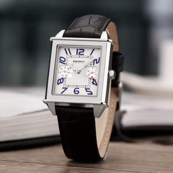 BERNY Square Watches for Men Quartz Watch Rectangular Calendar Leather Strap WatchSilver White