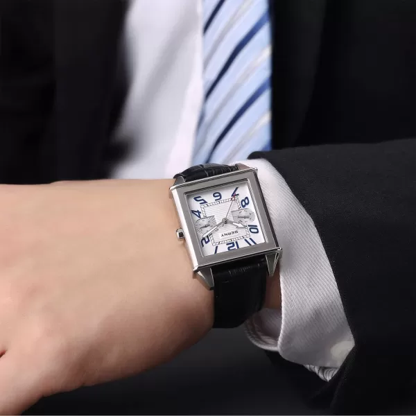 BERNY Square Watches for Men Quartz Watch Rectangular Calendar Leather Strap WatchSilver White