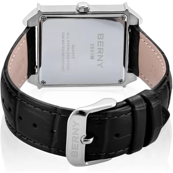 BERNY Square Watches for Men Quartz Watch Rectangular Calendar Leather Strap Watchblack