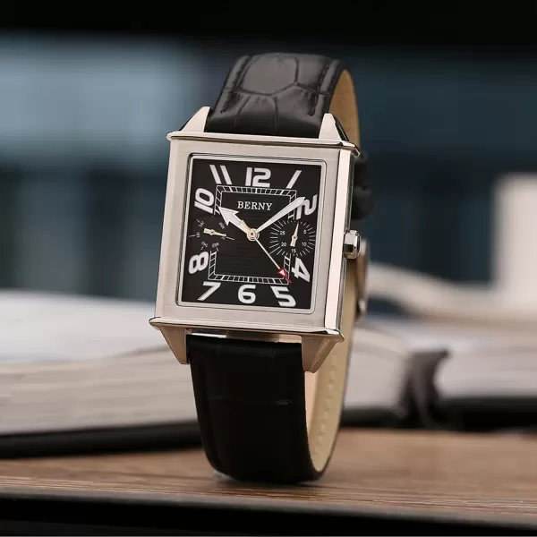 BERNY Square Watches for Men Quartz Watch Rectangular Calendar Leather Strap Watchblack