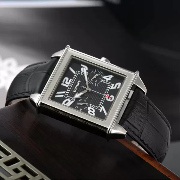 BERNY Square Watches for Men Quartz Watch Rectangular Calendar Leather Strap Watchblack