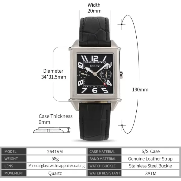 BERNY Square Watches for Men Quartz Watch Rectangular Calendar Leather Strap Watchblack