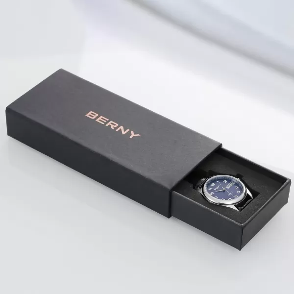 BERNY Watch for Men Arabic Numerals Easy to Read Leather Quick Release Band Quartz Watch Day Date Analog Dress Mens Wrist WatchBlue