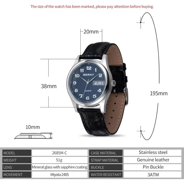 BERNY Watch for Men Arabic Numerals Easy to Read Leather Quick Release Band Quartz Watch Day Date Analog Dress Mens Wrist WatchBlue