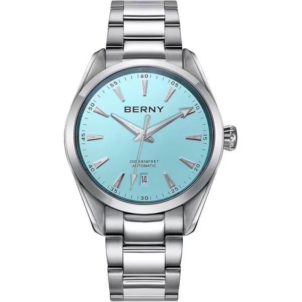 BERNY Automatic Watch for Men NH35 Movement Mechanical Watches with Screwin Crown 20ATM Waterproof Sapphire Glass Stainless Steel Wristwatch Super LuminousLight Blue