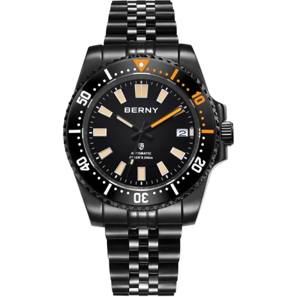 BERNY Dive Watch for Men AR Coating Sapphire Glass Rotating Bezel Automatic Wristwatch with Screwin Crown 20ATM Waterproof Stainless Steel Bracelet Watches Super Luminous WhiteFull Black