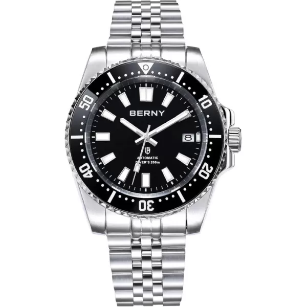 BERNY Dive Watch for Men AR Coating Sapphire Glass Rotating Bezel Automatic Wristwatch with Screwin Crown 20ATM Waterproof Stainless Steel Bracelet Watches Super Luminous WhiteBlack