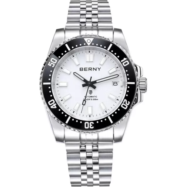 BERNY Dive Watch for Men AR Coating Sapphire Glass Rotating Bezel Automatic Wristwatch with Screwin Crown 20ATM Waterproof Stainless Steel Bracelet Watches Super Luminous WhiteWhite