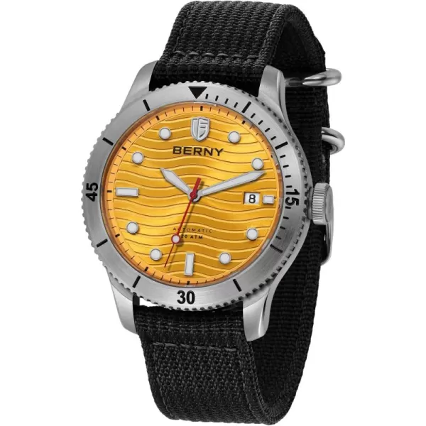 BERNY Dive Watch for Men Automatic Watch 20ATM Waterpoof Sport Mechanical Wristwatch HV600 Hardness Sapphire Glass Diving Swimming Mens Watch Super LuminousYellowNylon