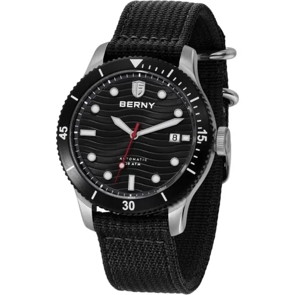 BERNY Dive Watch for Men Automatic Watch 20ATM Waterpoof Sport Mechanical Wristwatch HV600 Hardness Sapphire Glass Diving Swimming Mens Watch Super LuminousBlackNylon