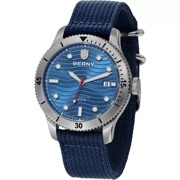 BERNY Dive Watch for Men Automatic Watch 20ATM Waterpoof Sport Mechanical Wristwatch HV600 Hardness Sapphire Glass Diving Swimming Mens Watch Super LuminousBlueNylon