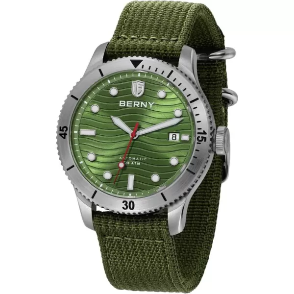 BERNY Dive Watch for Men Automatic Watch 20ATM Waterpoof Sport Mechanical Wristwatch HV600 Hardness Sapphire Glass Diving Swimming Mens Watch Super LuminousGreenNylon