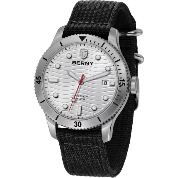 BERNY Dive Watch for Men Automatic Watch 20ATM Waterpoof Sport Mechanical Wristwatch HV600 Hardness Sapphire Glass Diving Swimming Mens Watch Super LuminousWhiteNylon