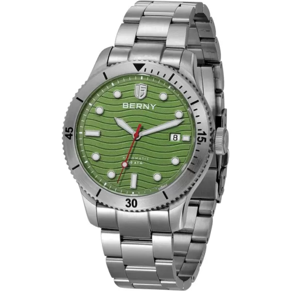 BERNY Dive Watch for Men Automatic Watch 20ATM Waterpoof Sport Mechanical Wristwatch HV600 Hardness Sapphire Glass Diving Swimming Mens Watch Super LuminousGreen