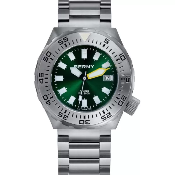 BERNY Dive Watch for Men Sports Diving Wristwatch with Screwin Crown 30ATM Waterproof Sapphire Glass Solid Stainless Steel Bracelet Automatic Mechanical Pro Diver Watches Super LuminousGreen