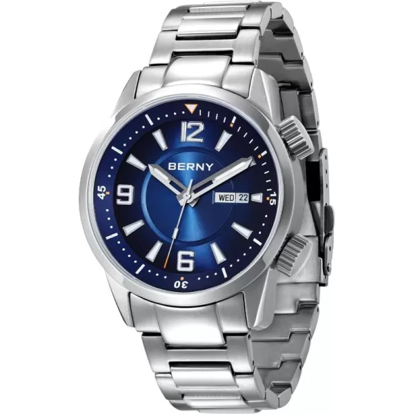 BERNY Diver Watch for Men Automatic Mechanical Wristwatch 20ATM Waterproof Sapphire Crystal Super Luminous Male Watches Stainless Steel StrapBlue