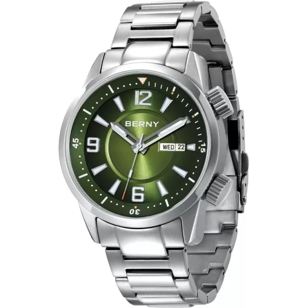 BERNY Diver Watch for Men Automatic Mechanical Wristwatch 20ATM Waterproof Sapphire Crystal Super Luminous Male Watches Stainless Steel StrapGreen