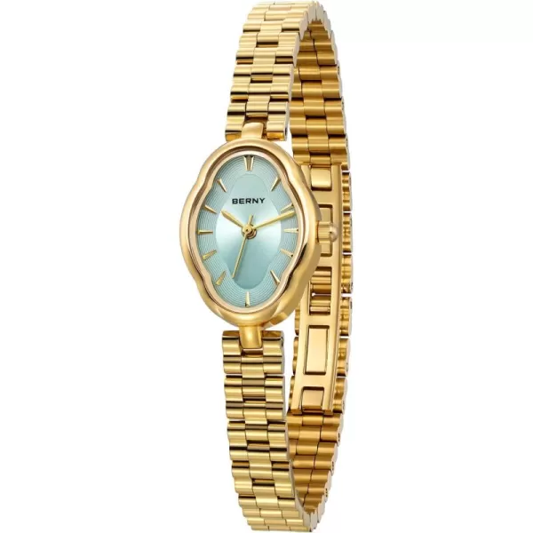 BERNY Gold Watches for Women Dainty Ladies Wristwatch Vintage Copper Mirrors Shape Japanese Quartz Movement 3ATM Waterproof All Stainless Steel Fashion Female Wrist Watch Luxury Birthday GiftsBlue