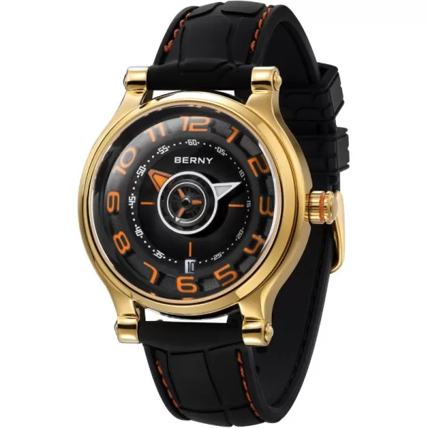 BERNY Mechanical Watch for Men Automatic Movement Miyota 8215 Multifunction Calendar Luminous Hands Exhibition Back Cover 5ATM Waterproofgold case orange marker