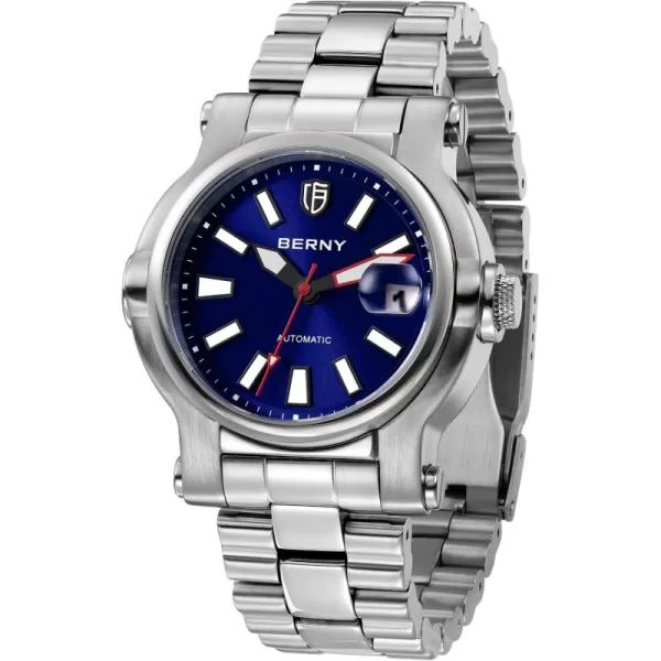 BERNY Men Automatic Watch Watches Sapphire Lens 10ATM Waterpoof Stainless Steel Wristwatch Swimming Diving Watches with Date Aperture Super LuminousBlue