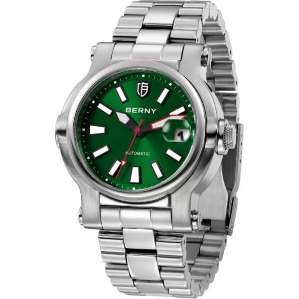 BERNY Men Automatic Watch Watches Sapphire Lens 10ATM Waterpoof Stainless Steel Wristwatch Swimming Diving Watches with Date Aperture Super LuminousGreen