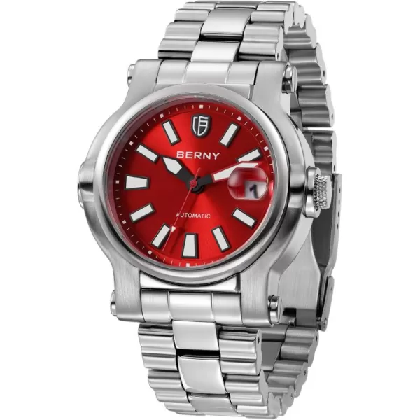 BERNY Men Automatic Watch Watches Sapphire Lens 10ATM Waterpoof Stainless Steel Wristwatch Swimming Diving Watches with Date Aperture Super LuminousRed