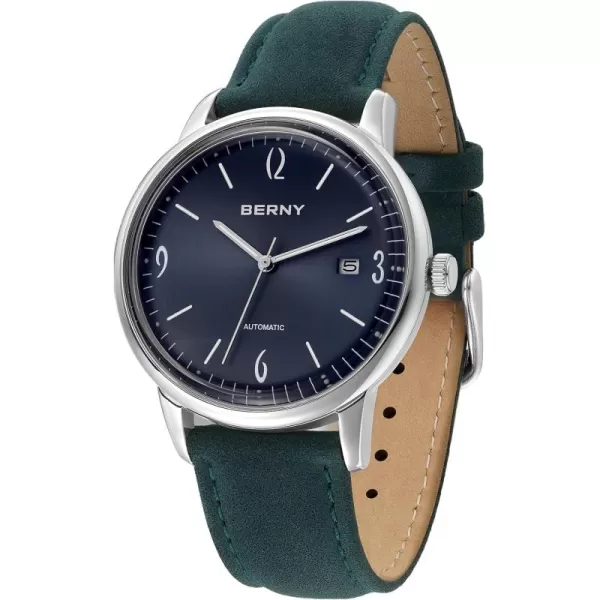 BERNY Mens Automatic Watch Mechanical Wristwatch 5ATM Waterproof Male Dress Watches Manual Winding Watch Calendar Aperture Sunray DailBlue