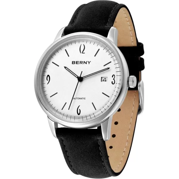 BERNY Mens Automatic Watch Mechanical Wristwatch 5ATM Waterproof Male Dress Watches Manual Winding Watch Calendar Aperture Sunray DailWhite