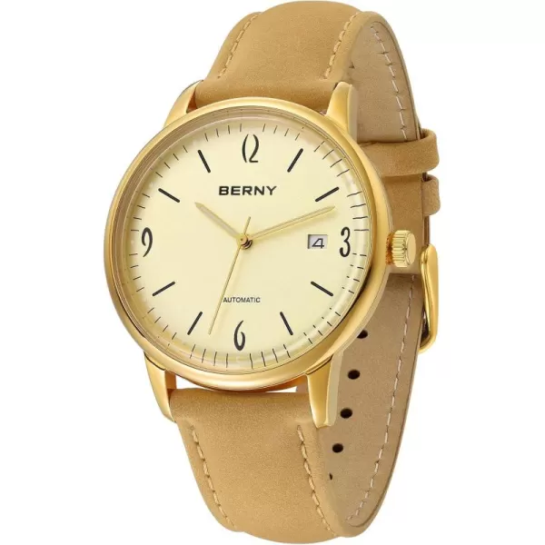 BERNY Mens Automatic Watch Mechanical Wristwatch 5ATM Waterproof Male Dress Watches Manual Winding Watch Calendar Aperture Sunray DailYellow