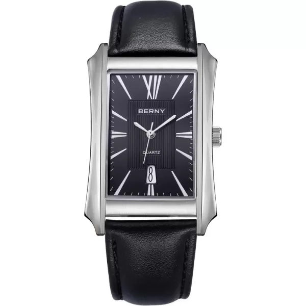 BERNY Mens Business Casual Quartz Watches Stainless Steel Case with Leather Strap Rectangular Watches for Men Black White Grey Rose GoldBlack