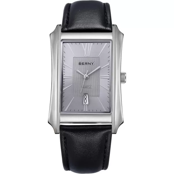 BERNY Mens Business Casual Quartz Watches Stainless Steel Case with Leather Strap Rectangular Watches for Men Black White Grey Rose GoldGrey