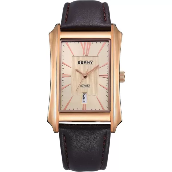 BERNY Mens Business Casual Quartz Watches Stainless Steel Case with Leather Strap Rectangular Watches for Men Black White Grey Rose GoldRose Gold