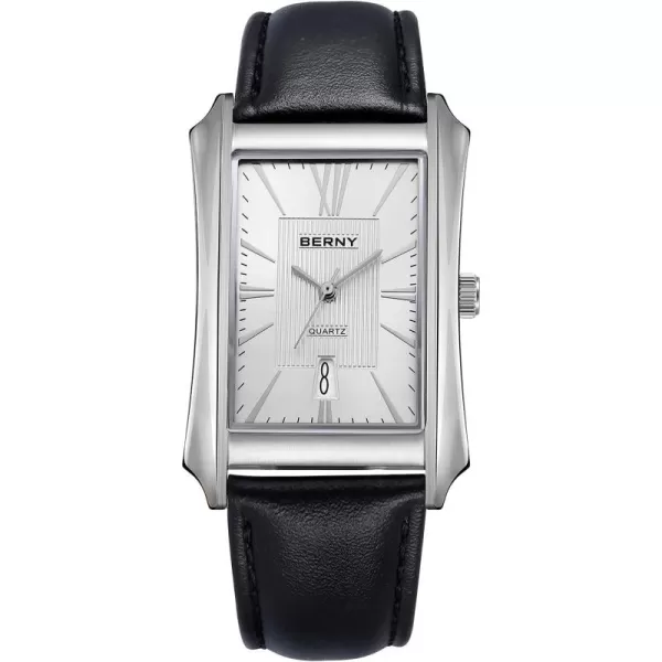 BERNY Mens Business Casual Quartz Watches Stainless Steel Case with Leather Strap Rectangular Watches for Men Black White Grey Rose GoldWhite