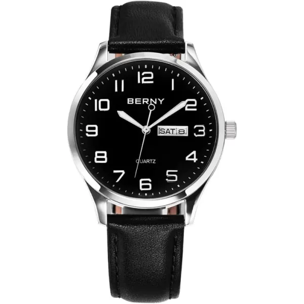 BERNY Mens Easy Reader Watch Standard Analog Display Quartz Leather Strap Wristwatch Classic Elegant DayDate Watch for MenBlack