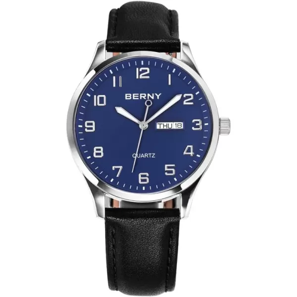 BERNY Mens Easy Reader Watch Standard Analog Display Quartz Leather Strap Wristwatch Classic Elegant DayDate Watch for MenBlue