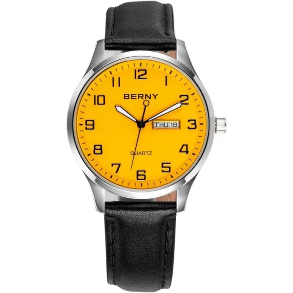 BERNY Mens Easy Reader Watch Standard Analog Display Quartz Leather Strap Wristwatch Classic Elegant DayDate Watch for MenOrange