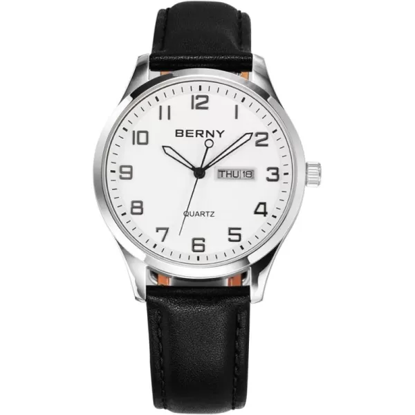 BERNY Mens Easy Reader Watch Standard Analog Display Quartz Leather Strap Wristwatch Classic Elegant DayDate Watch for MenWhite